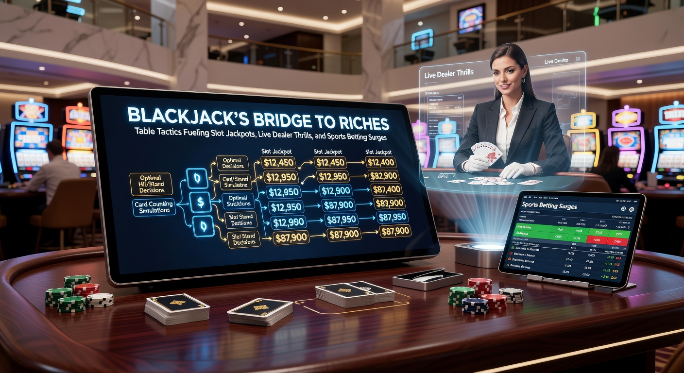 Blackjack-Tisch mit Karten und Chips, umgeben von Slot-Maschinen und Sportwetten-Bildschirmen, die den Übergang zwischen Spielen symbolisieren
