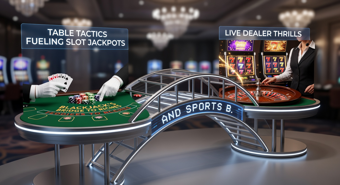 Live-Dealer-Blackjack-Tisch mit Slot-Jackpot-Anzeige im Hintergrund und Sportwetten-Überlagerung, die die Verknüpfung der Spiele illustriert
