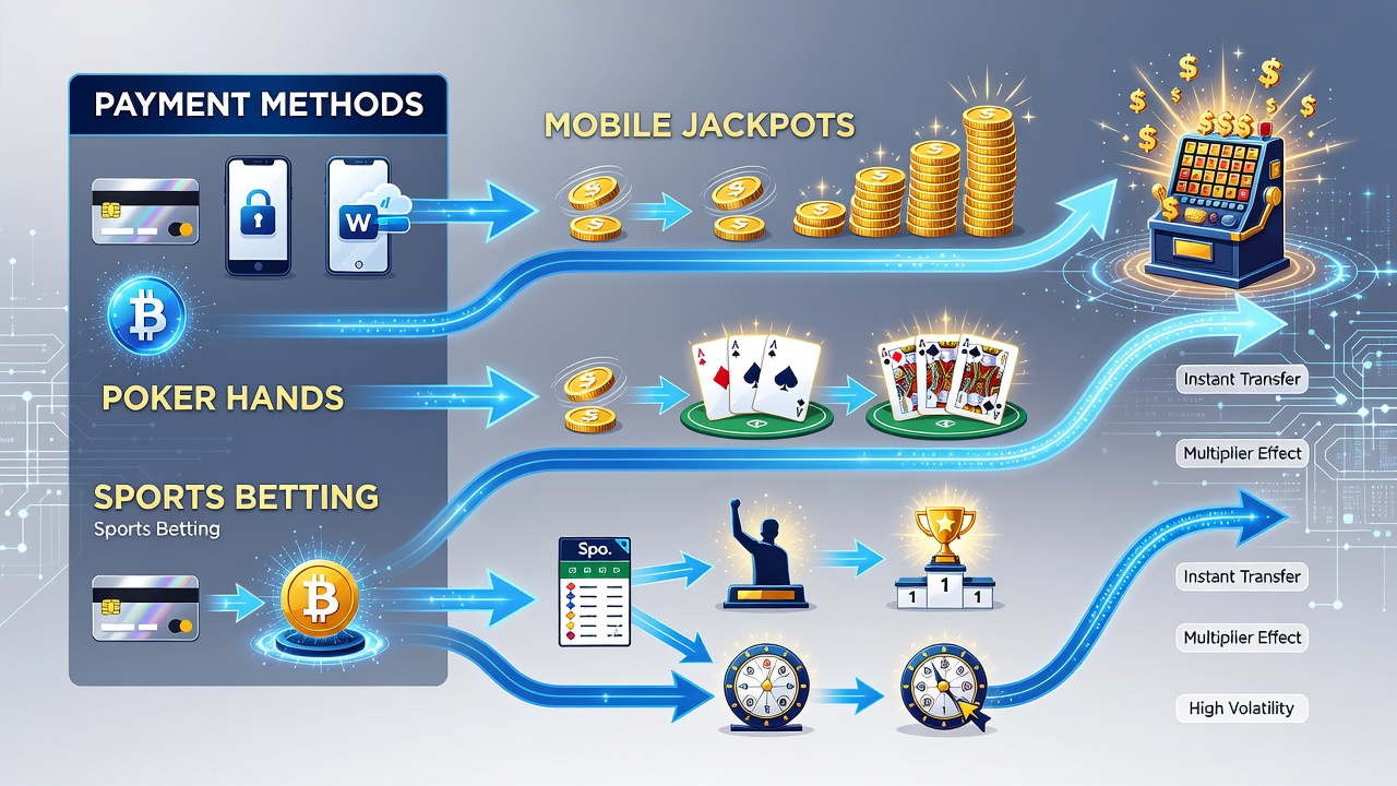 Illustration von Pokerhänden und Sportwetten mit Zahlungseinflüssen
