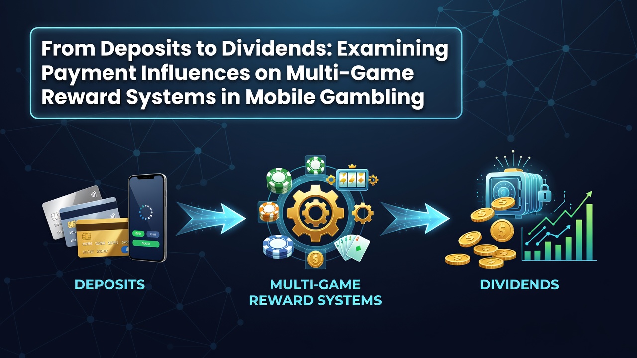 Darstellung von Zahlungsflüssen und vernetzten Belohnungssystemen in mobilen Glücksspiel-Apps mit Icons für Einzahlungen, Slots, Poker und Sportwetten