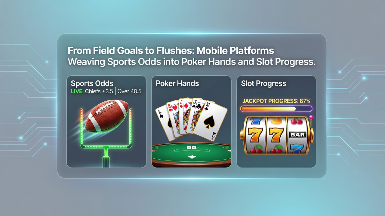 Spieler auf einem Tablet kombiniert Sportwetten mit laufenden Slot- und Poker-Sessions