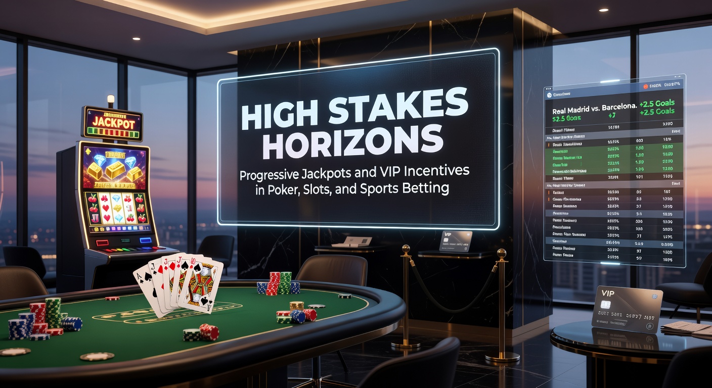 Ein dynamisches Bild von leuchtenden Slot-Maschinen mit steigenden Jackpot-Zählern und Poker-Spielern an einem High-Stakes-Tisch, umgeben von VIP-Luxus-Elementen wie Champagner und exklusiven Lounges