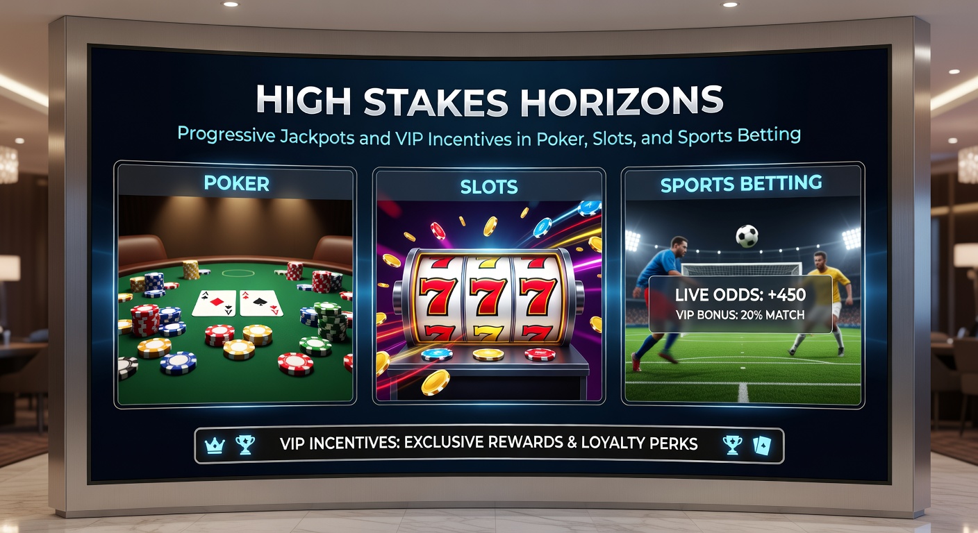 VIP-Lounge-Szene mit High-Stakes-Poker-Chips, blinkenden Slot-Jackpots und Sportwetten-Bildschirmen, die progressive Pots anzeigen, inmitten von Luxus-Annehmlichkeiten