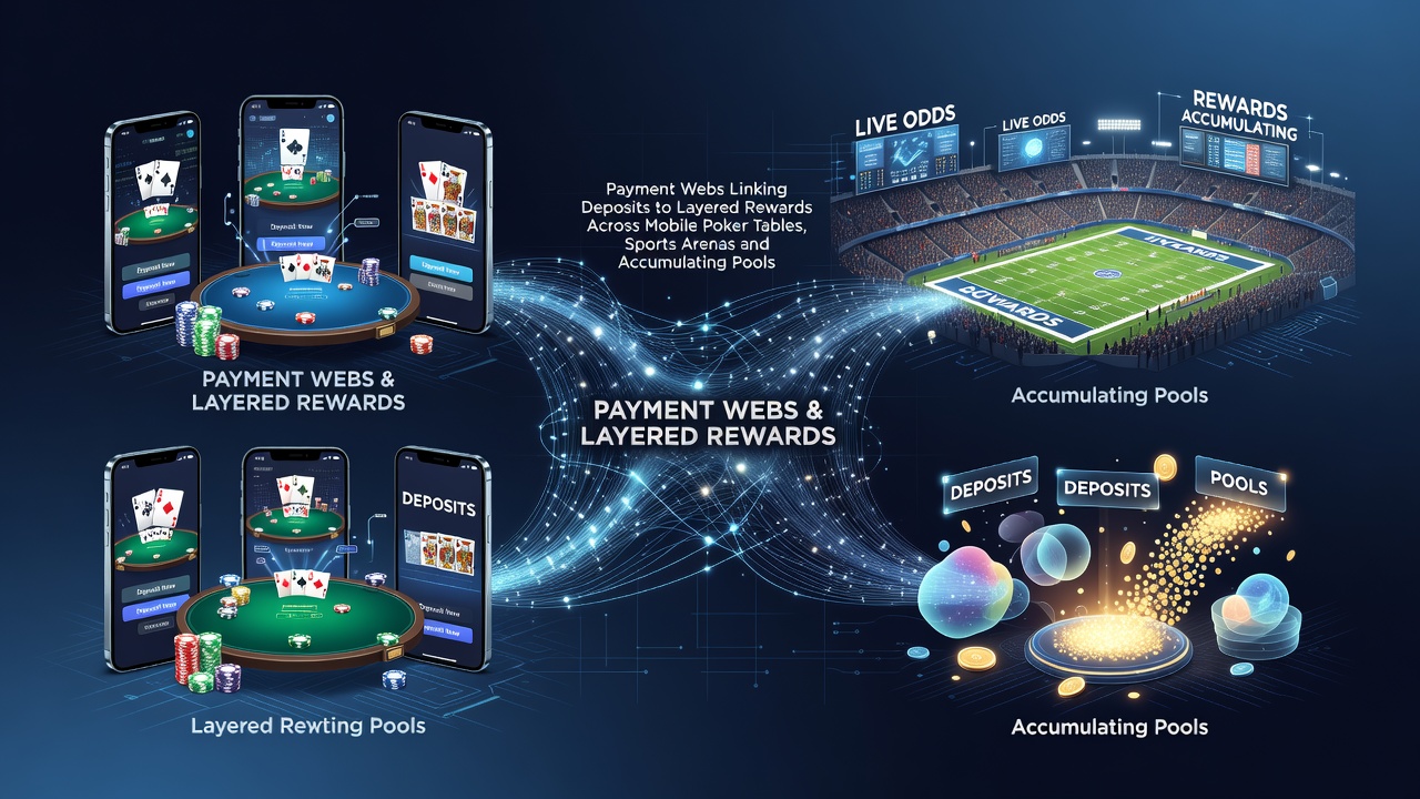 Darstellung vernetzter Zahlungssysteme die Einzahlungen mit gestaffelten Belohnungen in Poker, Sport und Jackpots verbinden