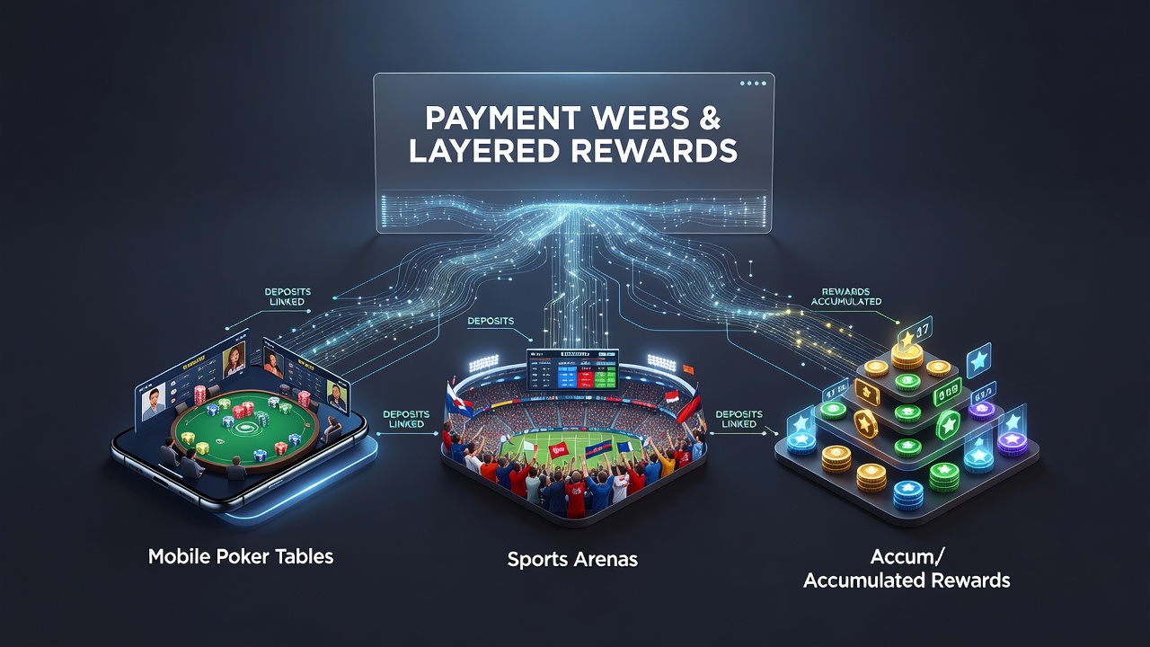 Illustration von Schichtbelohnungen die mobile Pokerpartien mit Sportwetten und Jackpot-Pools verbinden