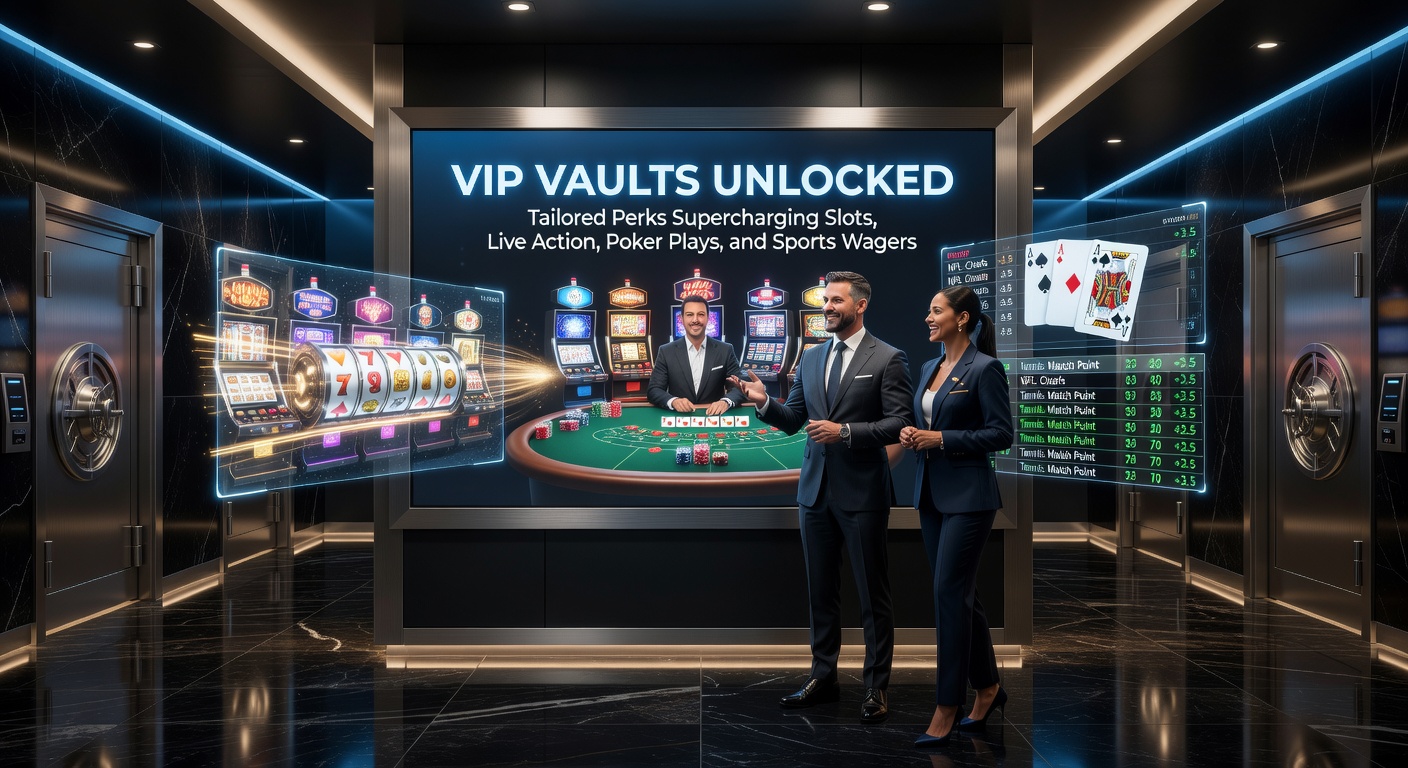 Ein glänzender VIP-Tresor, der sich öffnet und Casino-Chips, Slot-Symbole sowie Sportwetten-Tickets enthüllt, symbolisiert exklusive Vorteile für High Roller